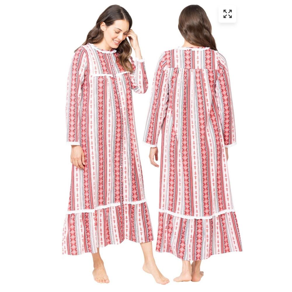 The 1 For U Plaid Flannel Lace Trim Ruffle Hem Nightgown sz XL red Embroidered